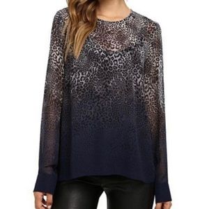 Vince Camuto Gray Blue Black Ombre Animal Print Hi Lo Semi Sheer Blouse Medium